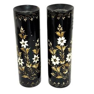 Wooden candle holders black lacquer Asian style gold & white cherry tree motif
